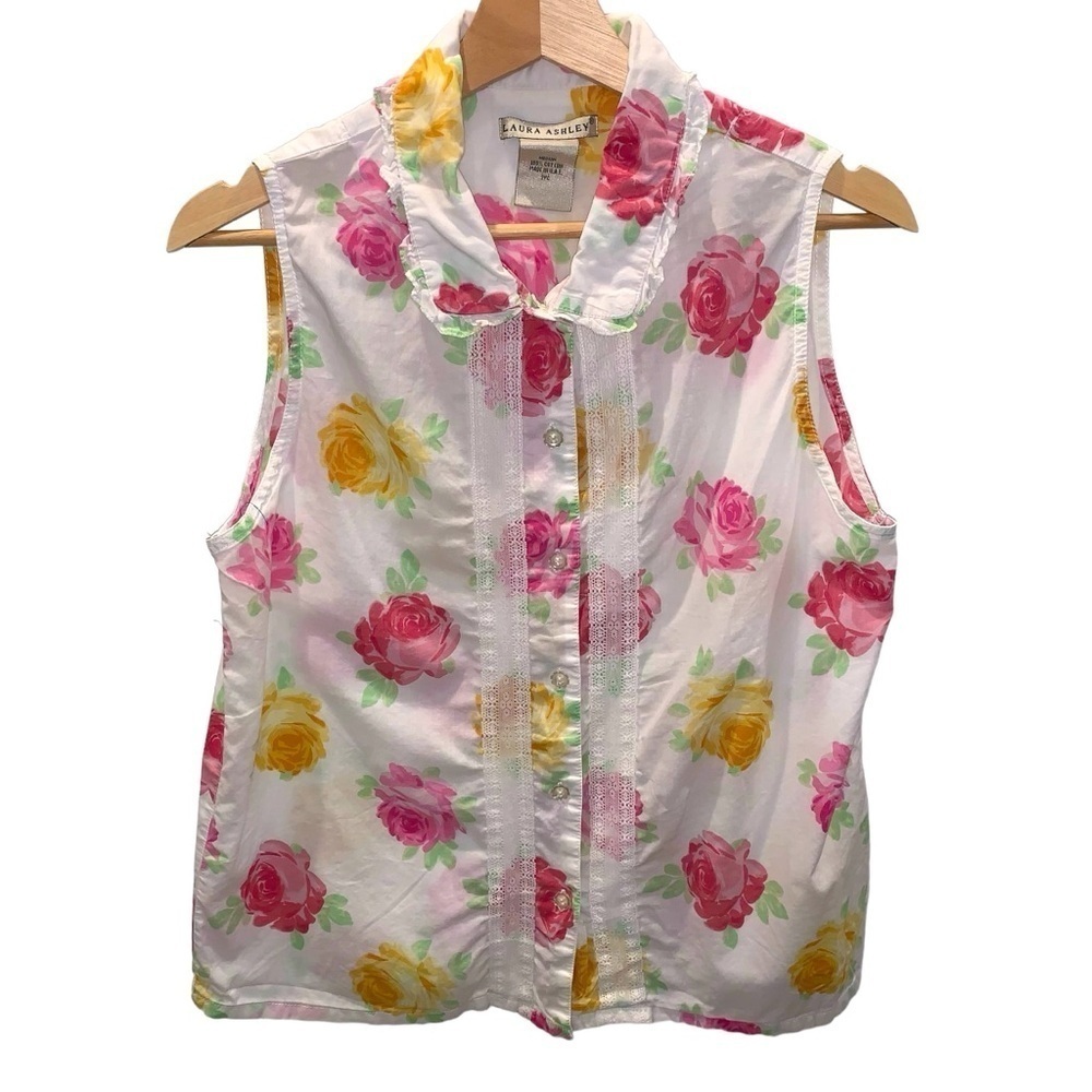 Vintage Laura Ashley sz M Pink Yellow Rose Floral Sleeveless Button Front Top